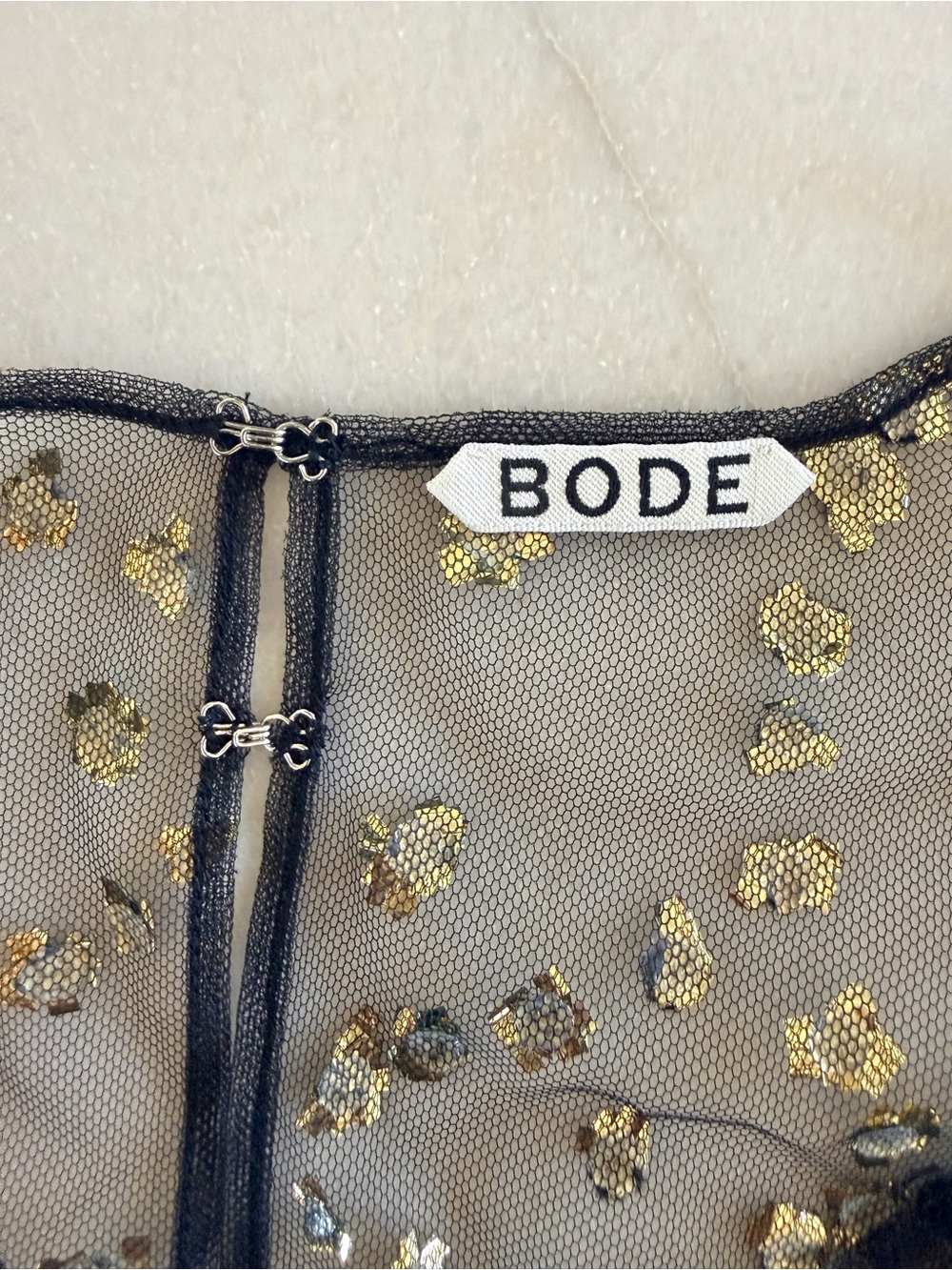 BODE Sheer Fête Top Mesh Gold Foil Appliqué Blouse Black Size 10 - Picture 8 of 12